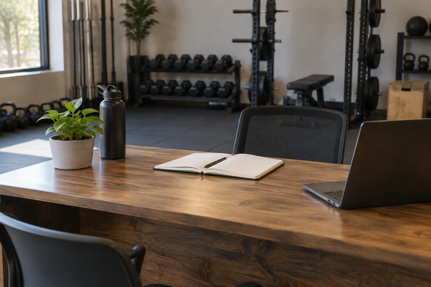 neutral gym consultation desk with notebook.