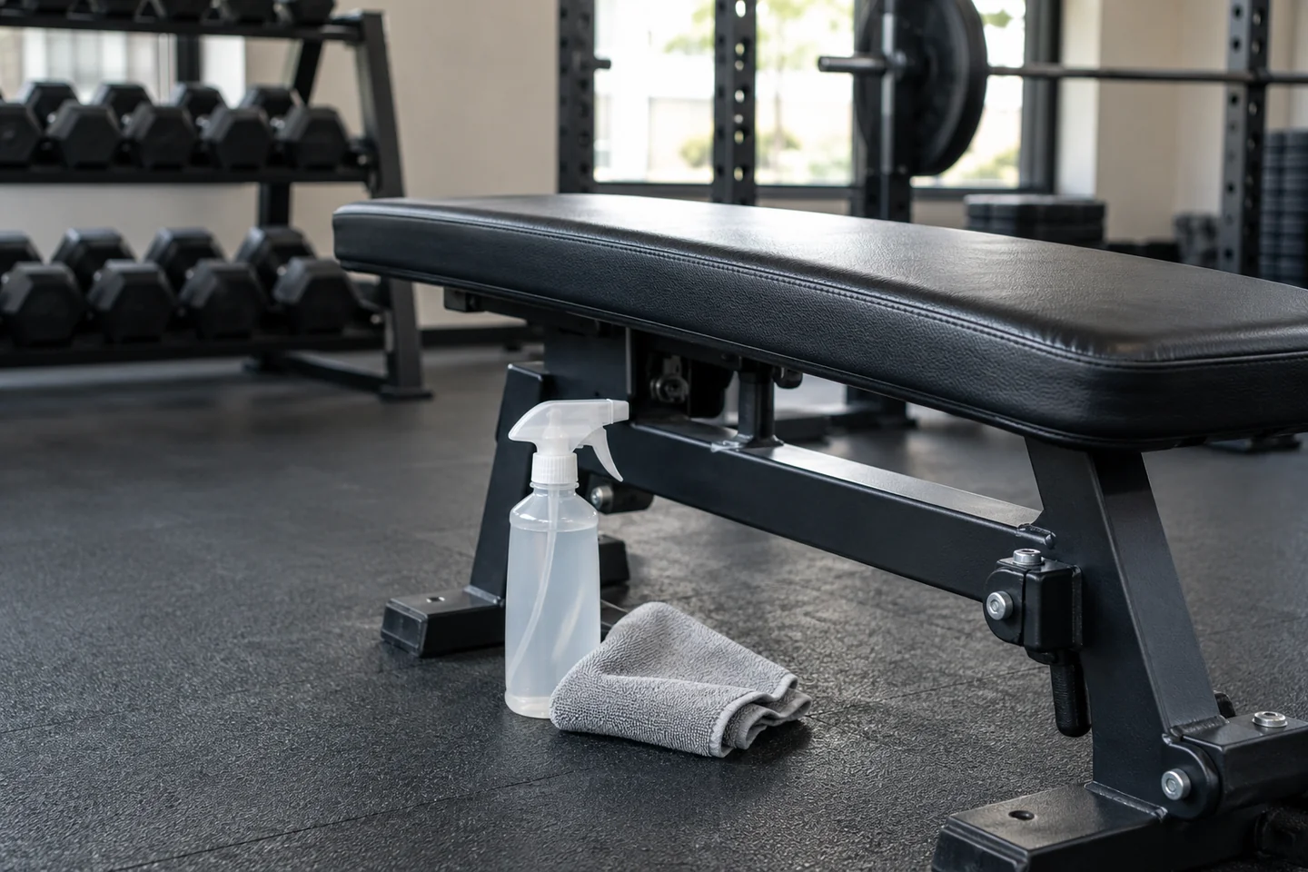 cleaning spray cloth beside gym bench.