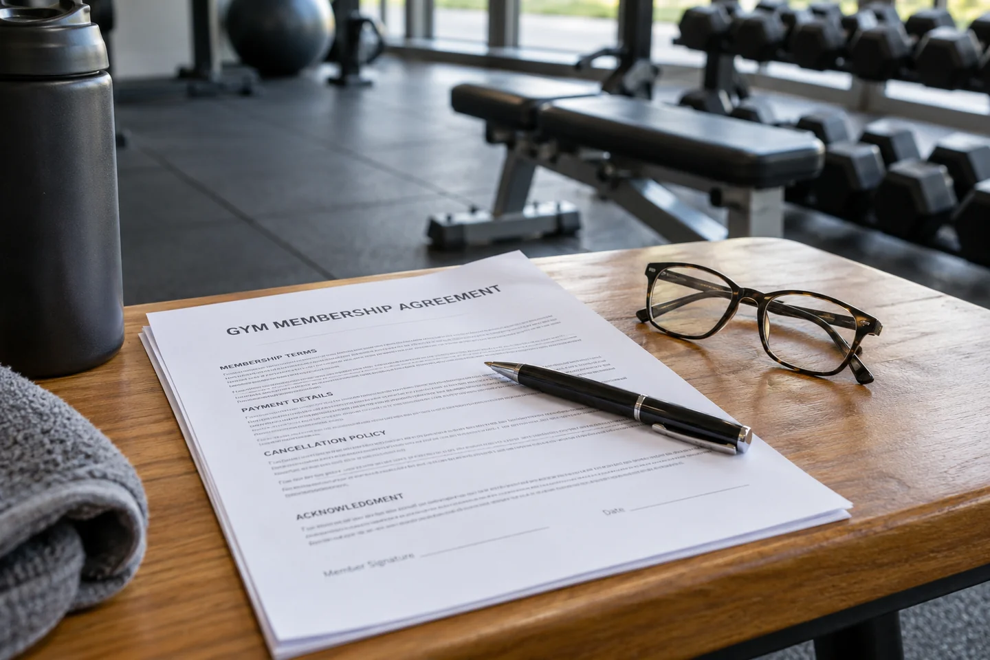 gym membership papers pen and reading glasses.