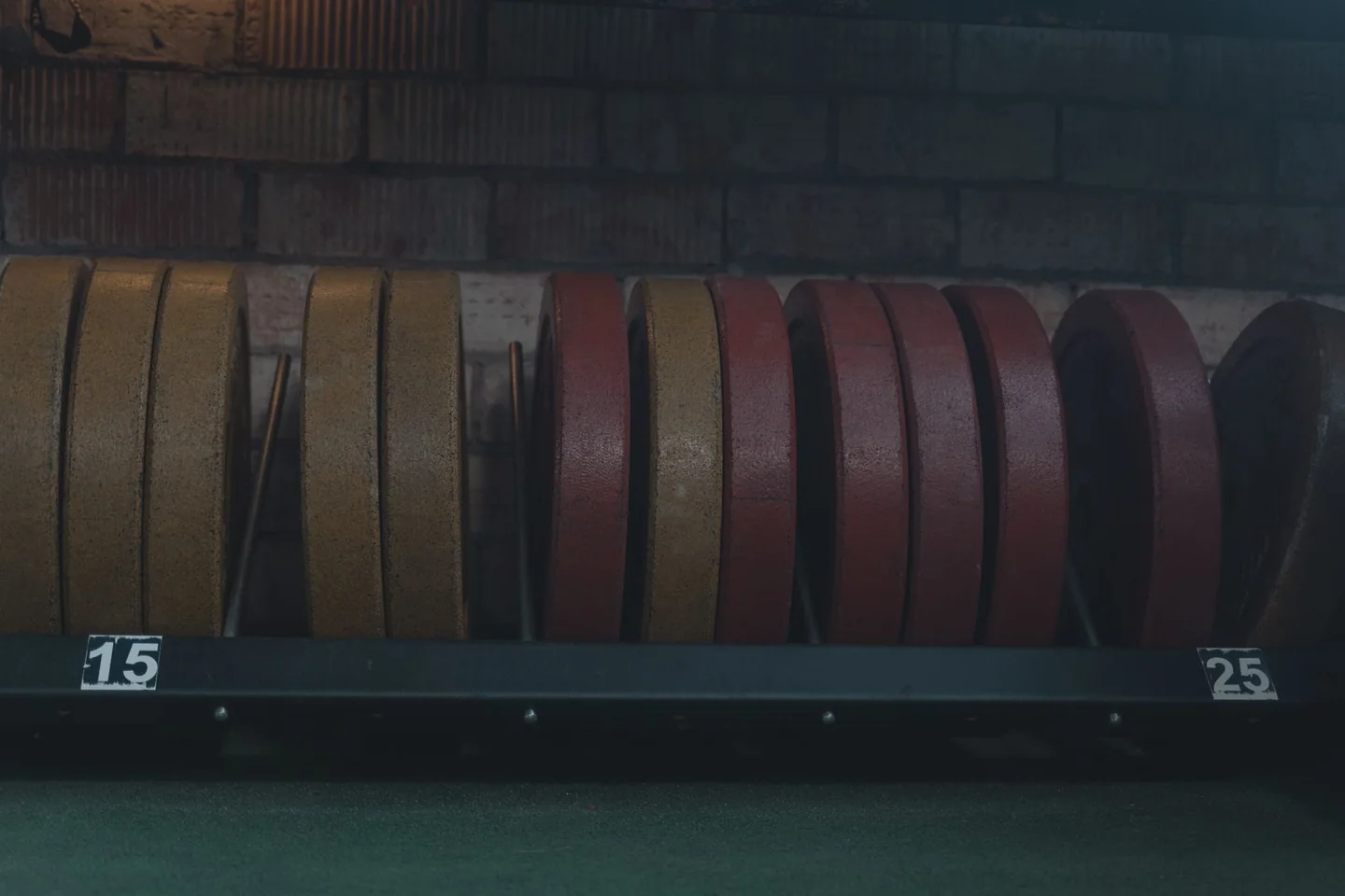 Weight plates arranged in a storage rack.