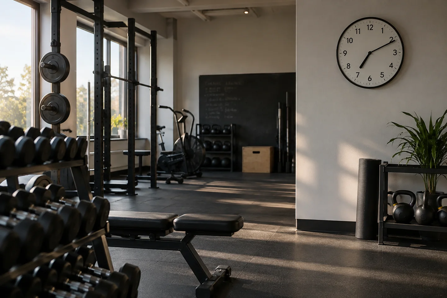 quiet gym interior with wall clock.