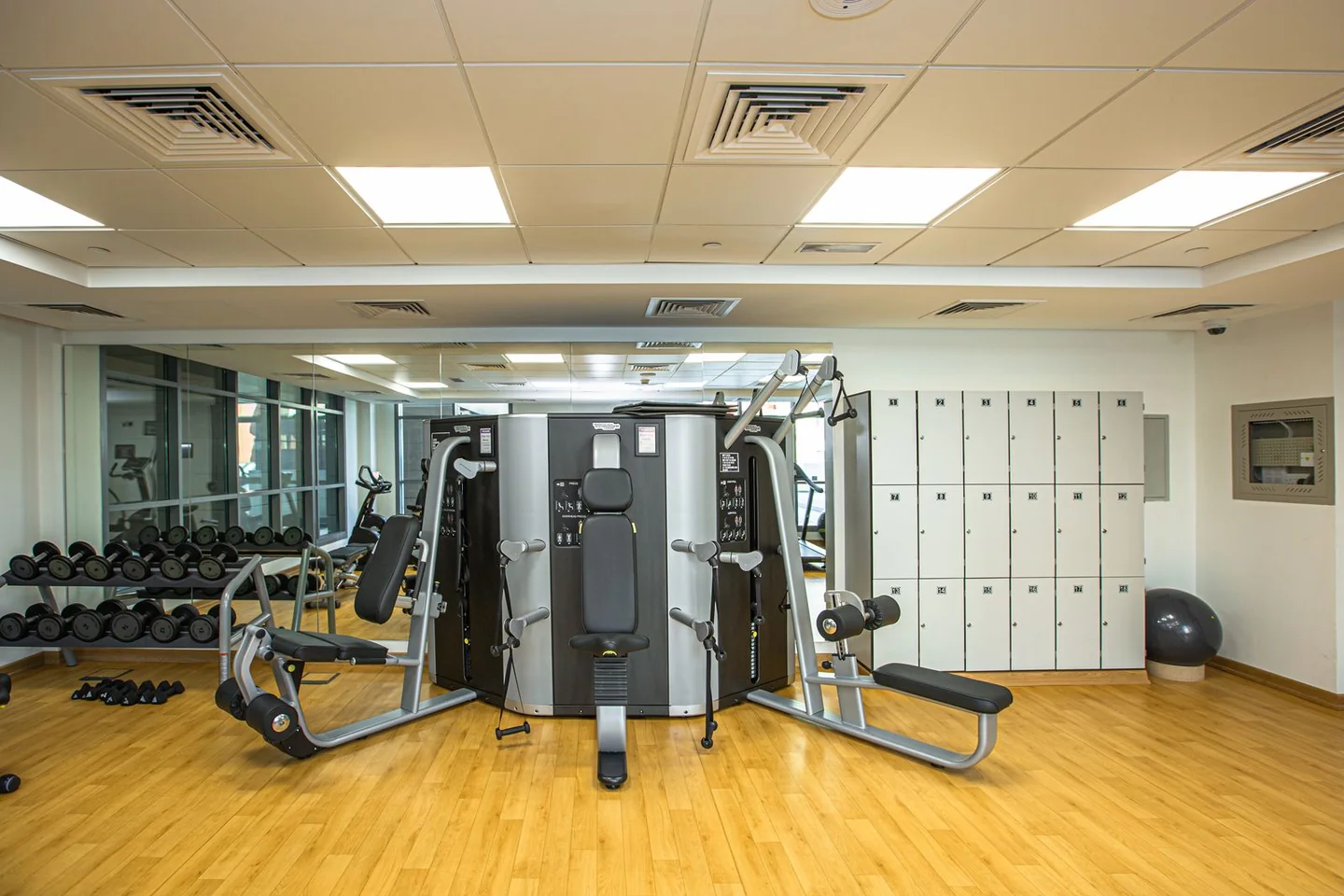 A gym floor with separate resistance machine and free-weight areas.