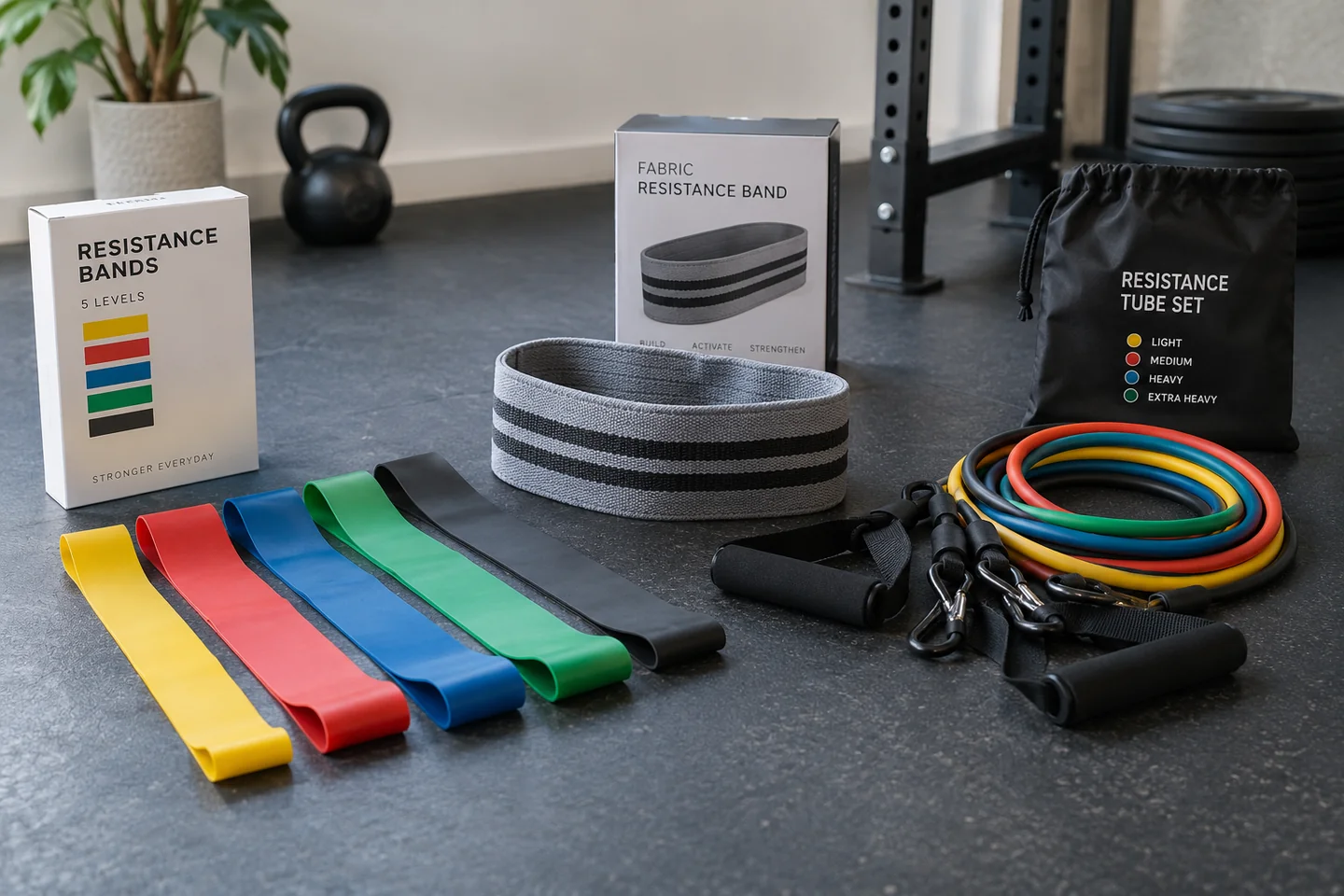 Resistance bands from different designs arranged separately beside packaging.