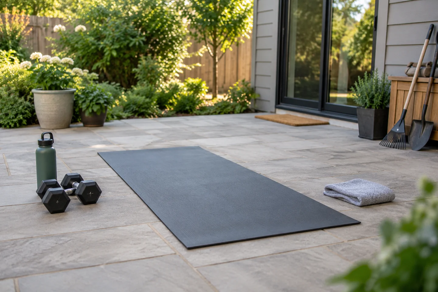 Dry level patio with an exercise mat away from loose garden tools.