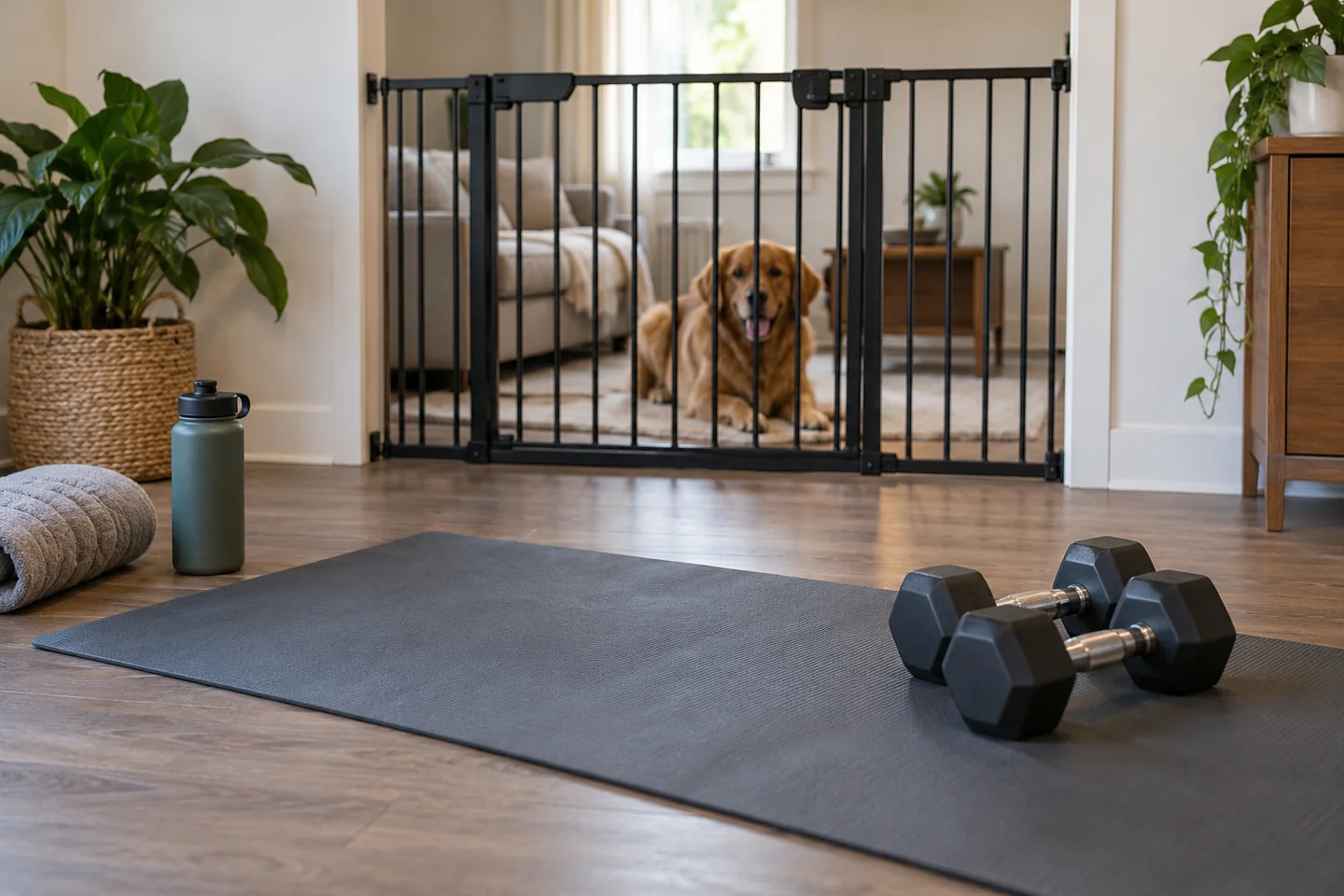 Exercise mat and dumbbells in a room separated by a closed pet gate.