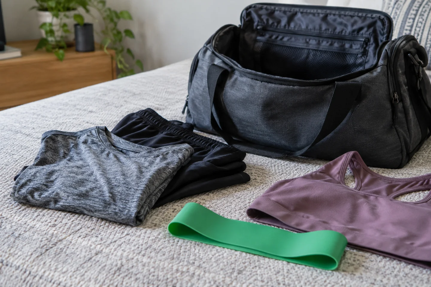 Flat resistance band and gym clothes beside an open travel bag.