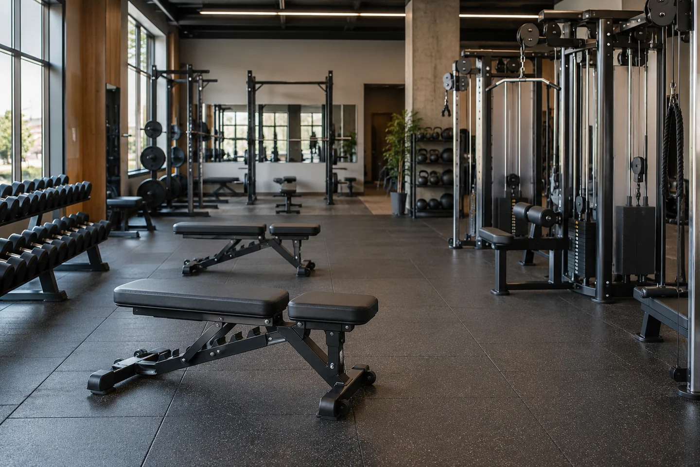 An empty gym with benches and cable equipment across the room.