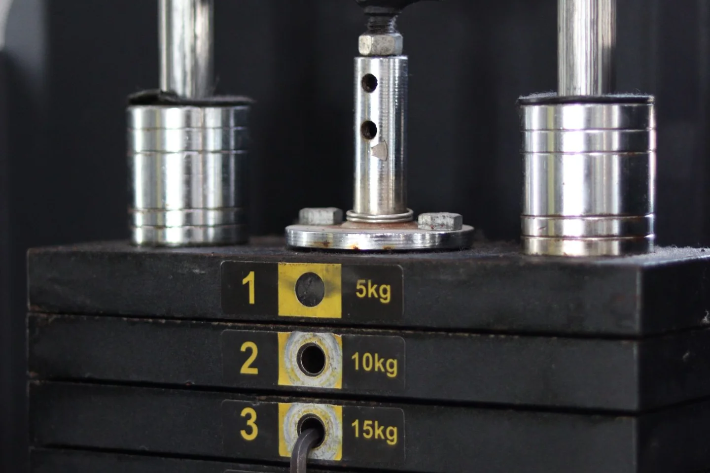 Numbered selector plates and a weight-stack pin.