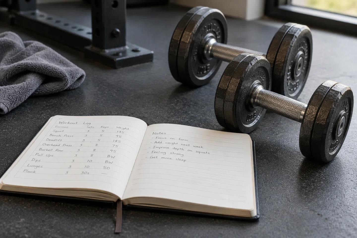 An open training journal beside a pair of metal dumbbells.