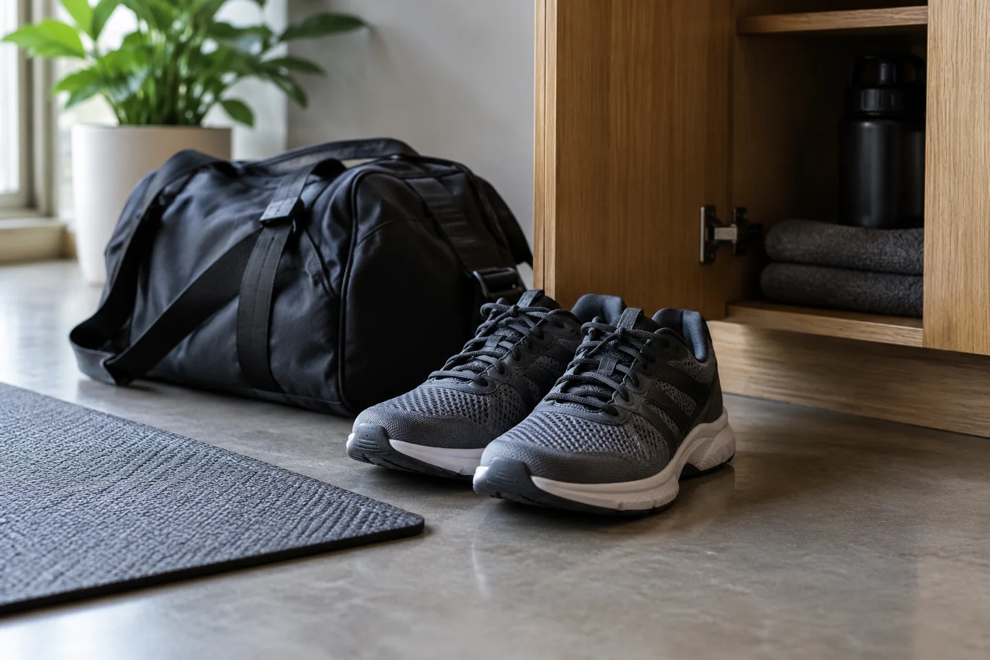 Training shoes and a gym bag by an open cupboard.