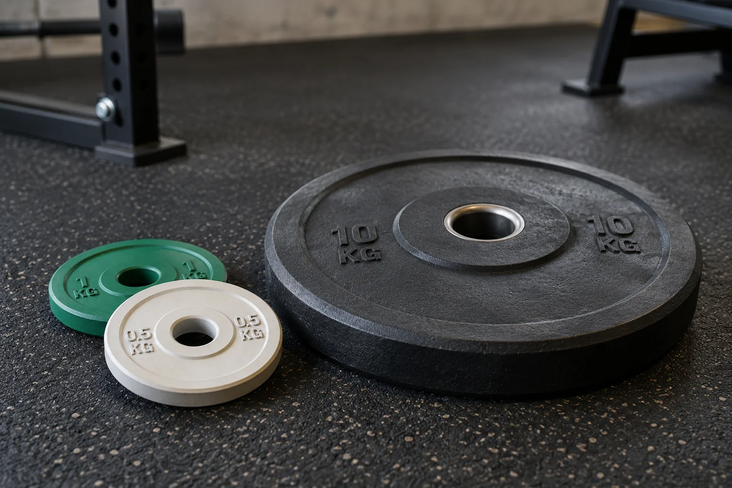 Small fractional weight plates next to a larger plate on rubber flooring.