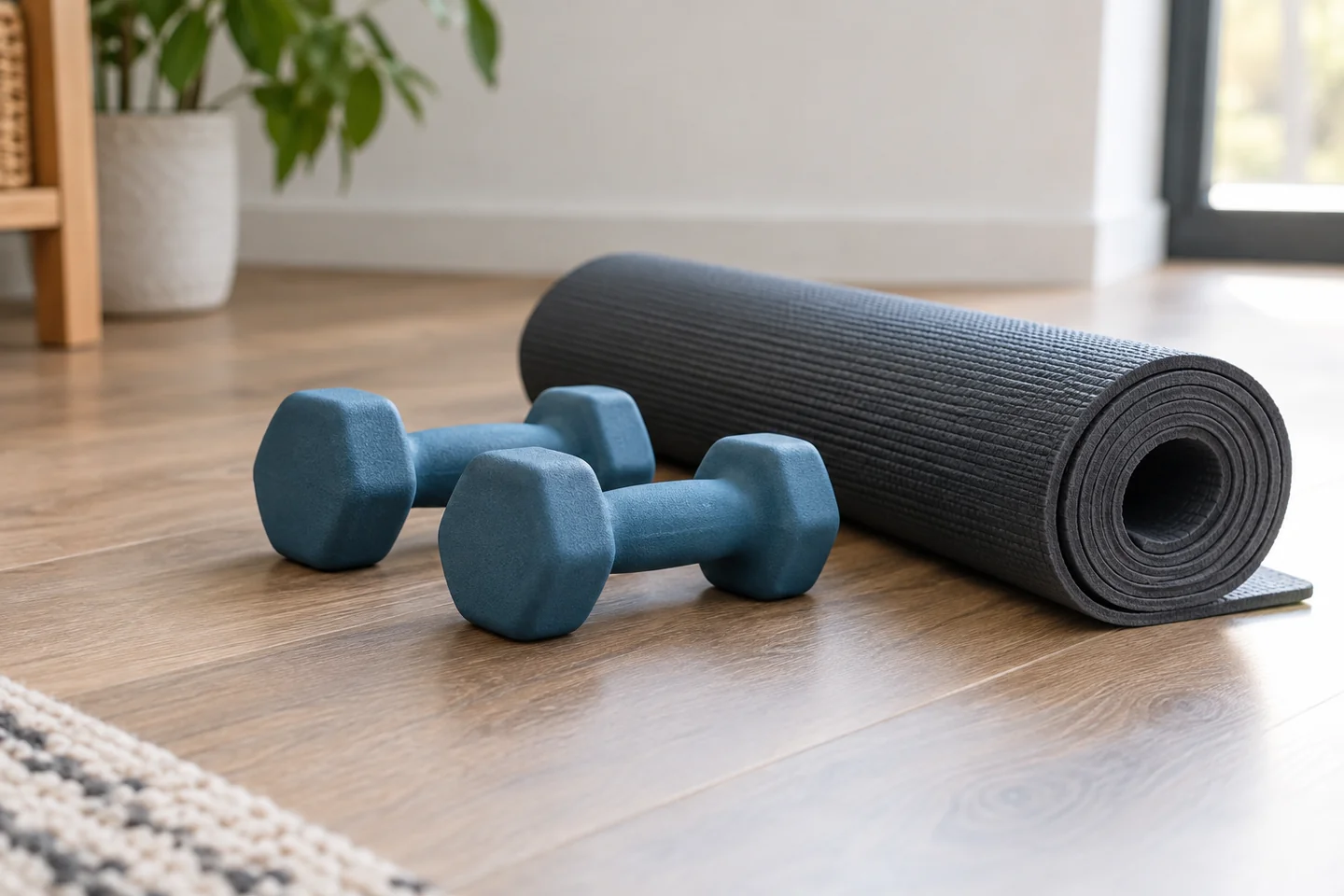 Two light dumbbells beside a neatly rolled exercise mat.