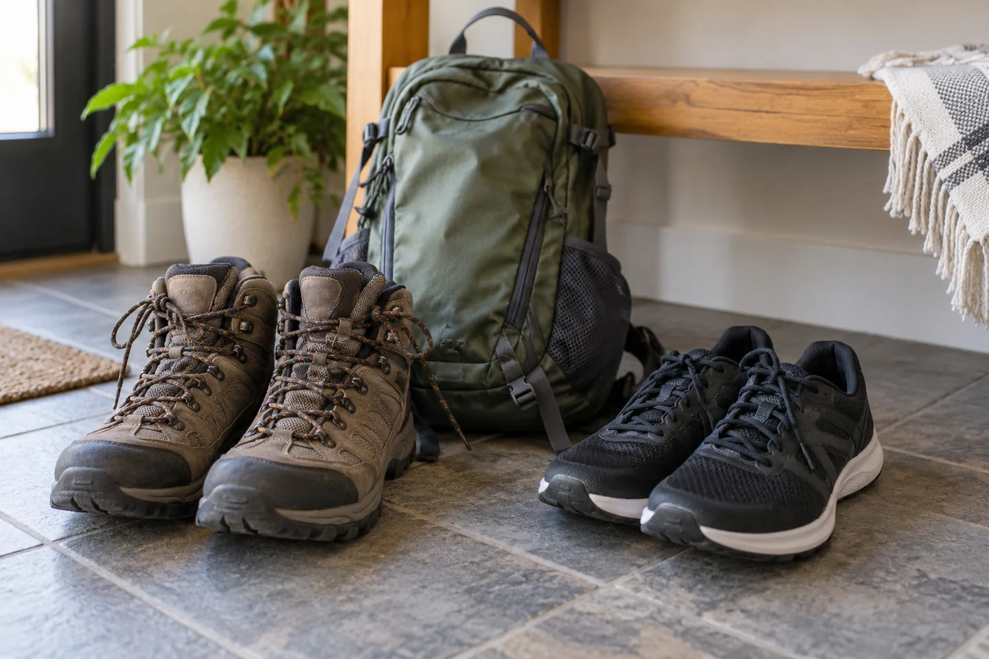 Hiking boots beside indoor training shoes and a small daypack.