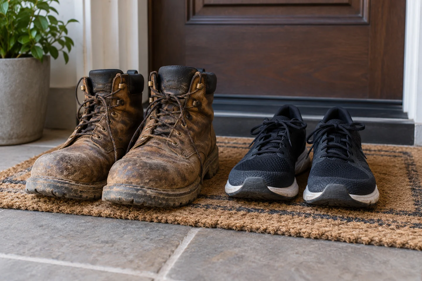 Work boots and training shoes side by side on a doormat.
