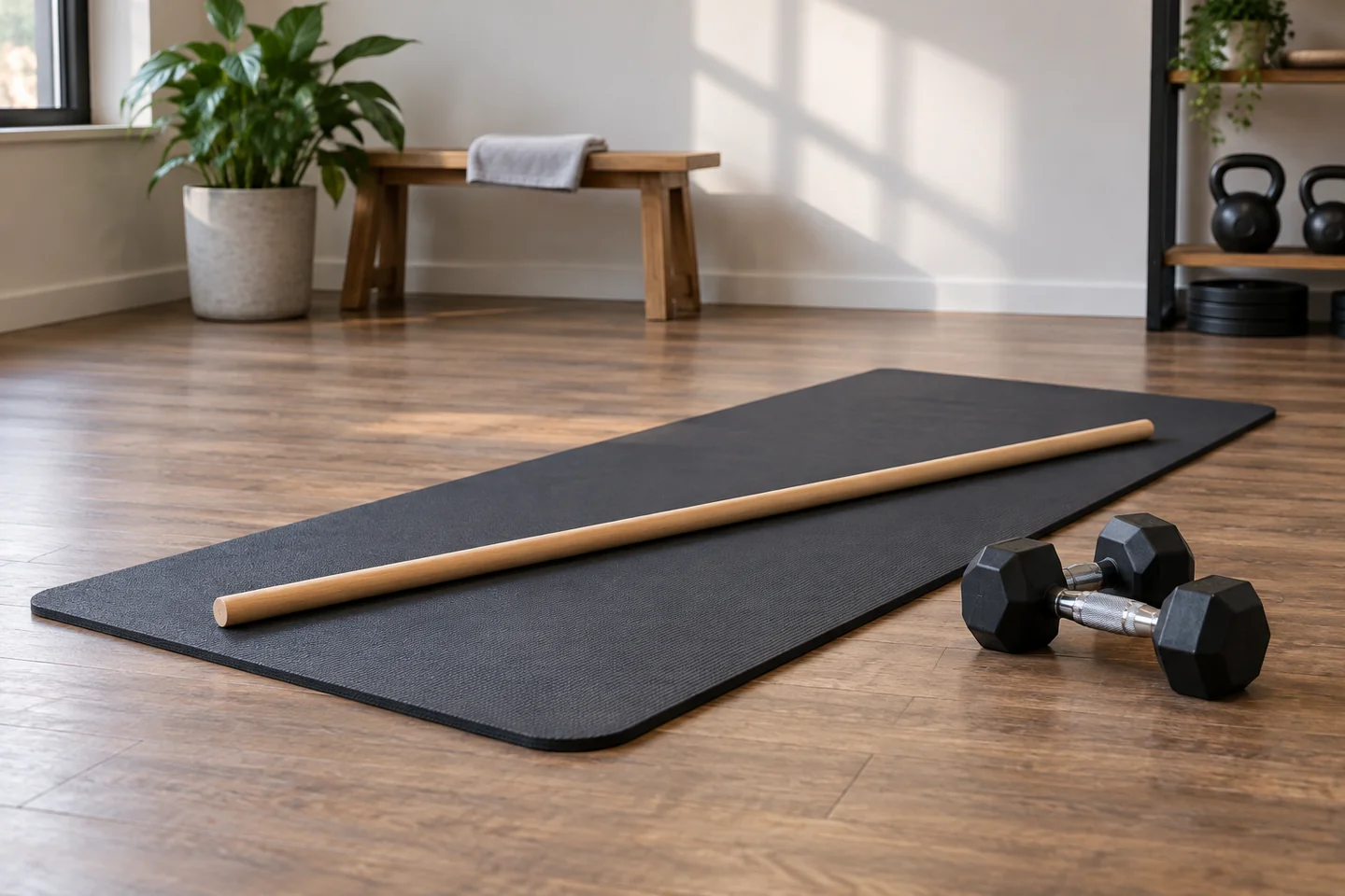 Dowel exercise mat and modest dumbbells in an uncluttered studio.