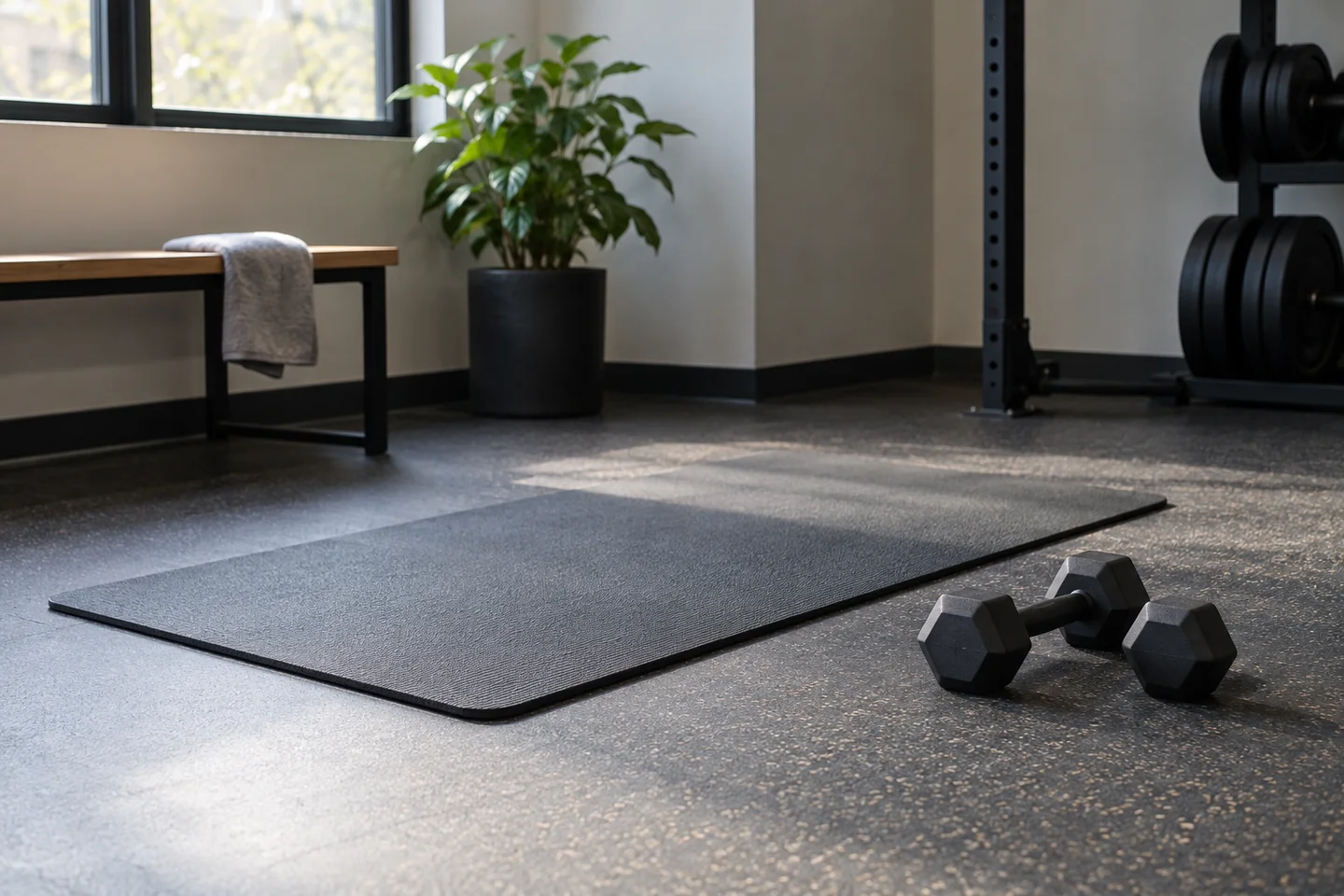 Quiet gym corner with an exercise mat and two light weights.