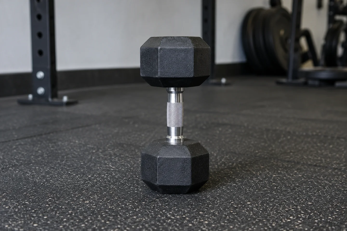 Single hex dumbbell standing upright on a rubber gym mat.