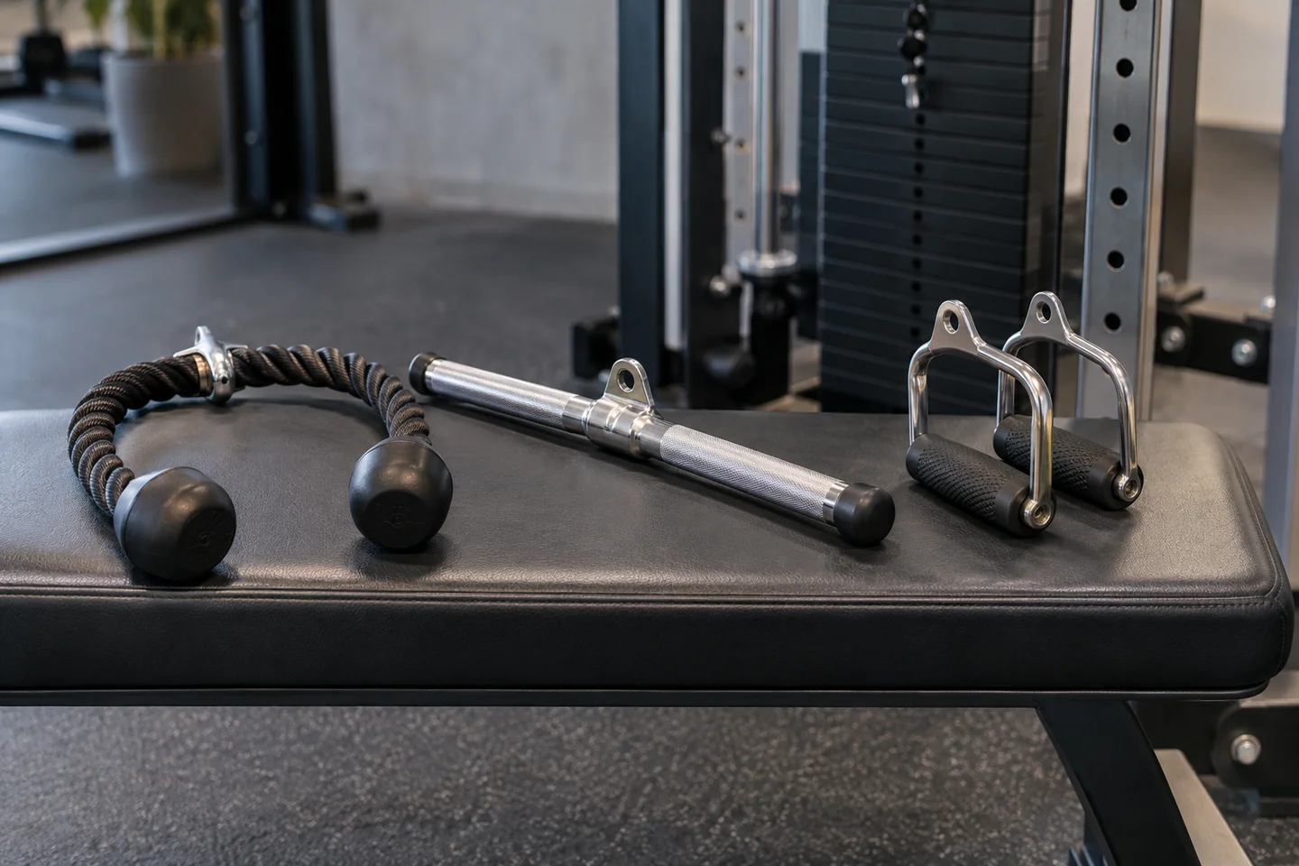 Rope straight bar and neutral-grip cable handles arranged separately.
