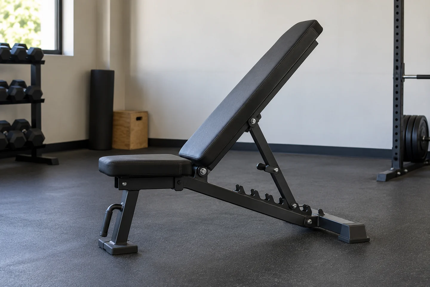 Adjustable weight bench with locked backrest in an incline position.