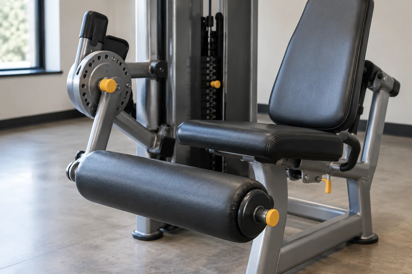 Leg extension machine seat and lower roller close-up.