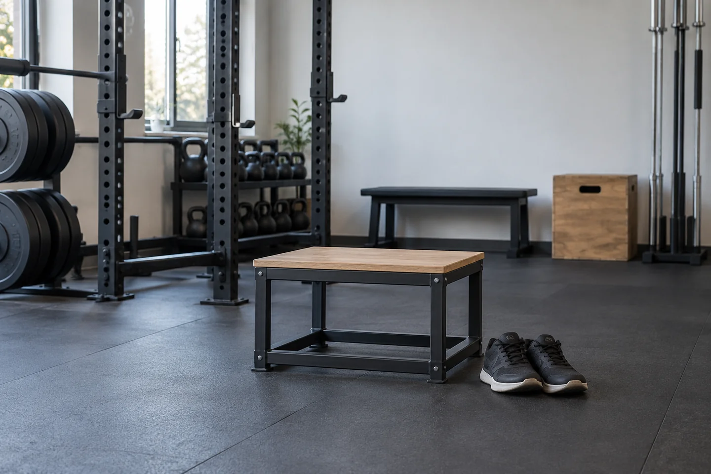Unloaded squat practice area with a stable low box and flat trainers.