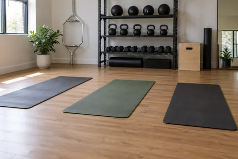 three exercise mats spaced in small studio.