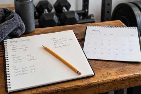 training notebook beside pencil and calendar.