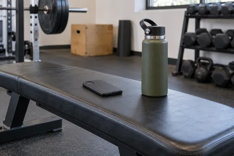 phone face down beside water bottle gym.