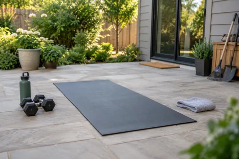 Dry level patio with an exercise mat away from loose garden tools.
