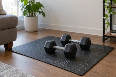 Dumbbells resting on a protective rubber pad in an apartment.