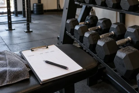 A gym clipboard beside a rack of dumbbells.