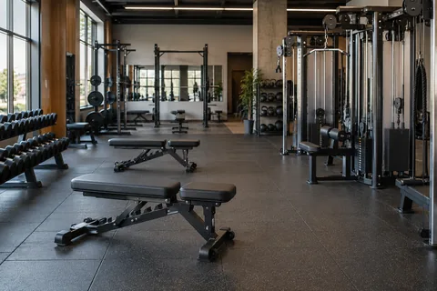 An empty gym with benches and cable equipment across the room.