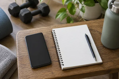 A smartphone with a plain dark screen beside a paper notebook.