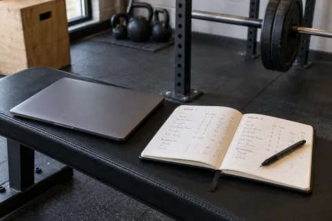 Closed laptop beside an open paper training journal.