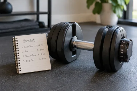 A small notebook propped beside a single adjustable dumbbell.