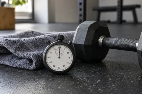 A plain stopwatch beside a towel and dumbbell.