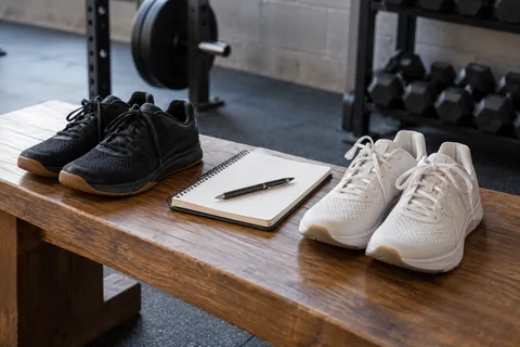 Two pairs of training shoes beside a notebook on a wooden bench.