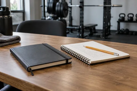 Two notebooks and a pencil on a gym consultation table.