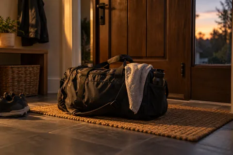 A gym bag by a front door in warm evening light.