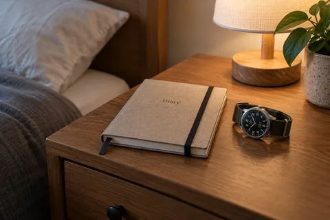 A simple paper diary and wristwatch on a bedside table.