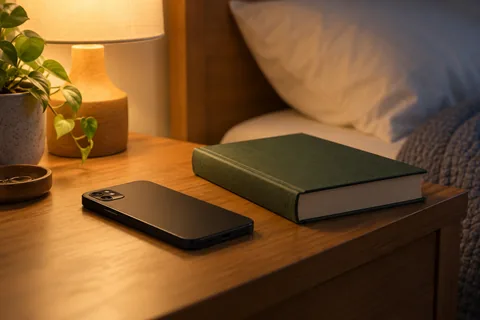 Smartphone face down beside a closed book in warm bedside light.