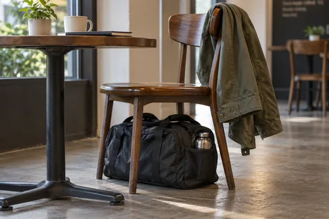 A gym bag beneath a cafe chair with a coat hanging above.