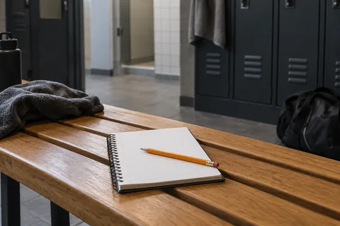 A notebook and pencil resting on a gym changing-room bench.