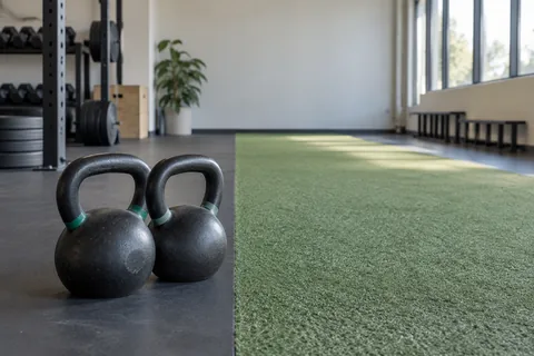 Two kettlebells beside a broad uncluttered indoor walking lane.