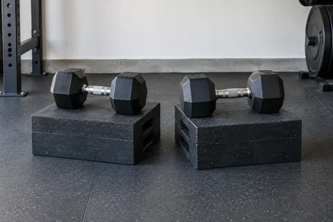 Pair of dumbbells on sturdy raised lifting blocks.
