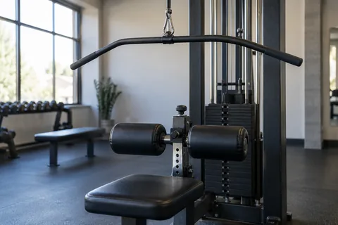 Lat pulldown machine showing adjustable thigh pads and overhead bar.