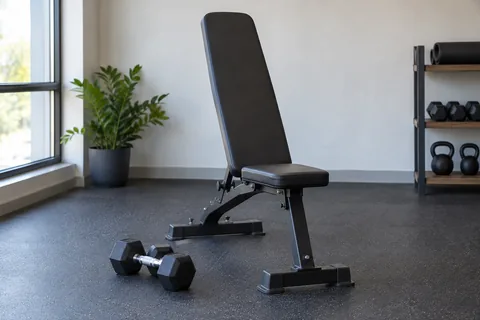 Light dumbbells beside an upright exercise bench.